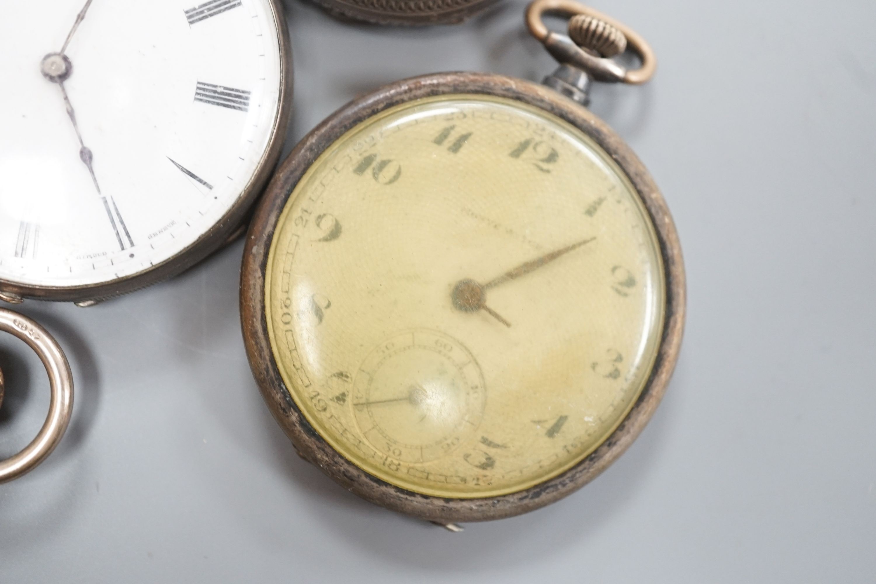 Six assorted late Victorian and later silver or white metal pocket watches, including J.W. Benson.